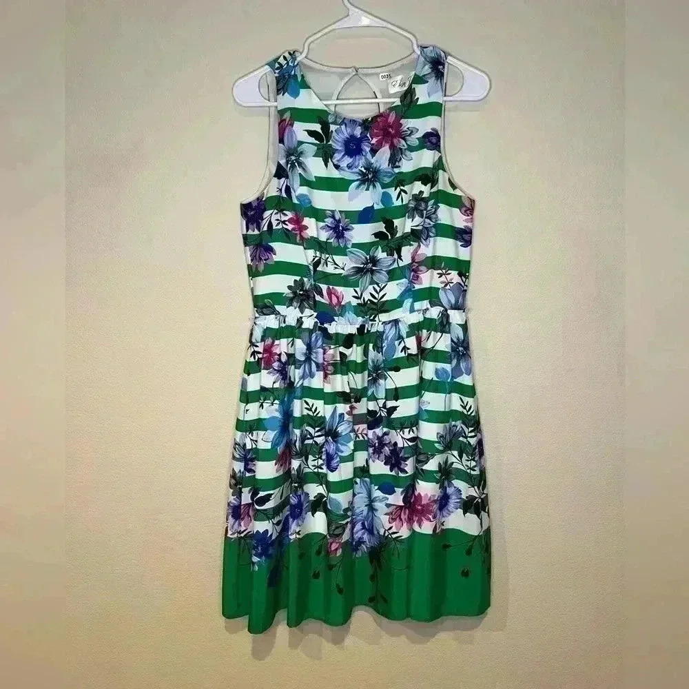 Eliza J green‎ white strip floral dress 10